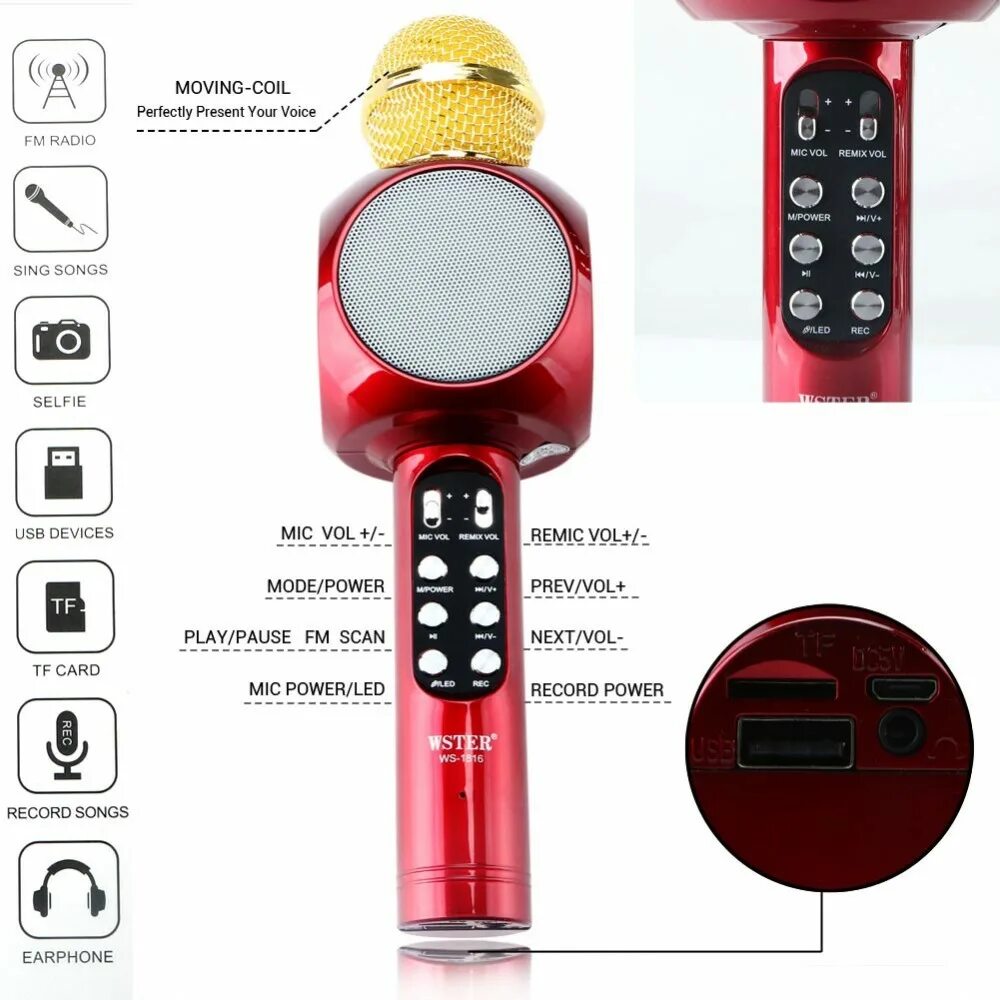 Микрофон-колонка Wster WS-1816. Микрофон беспроводной WS-1816. Караоке-микрофон led Wster WS-1816. Микрофон для караоке Wster 1816.