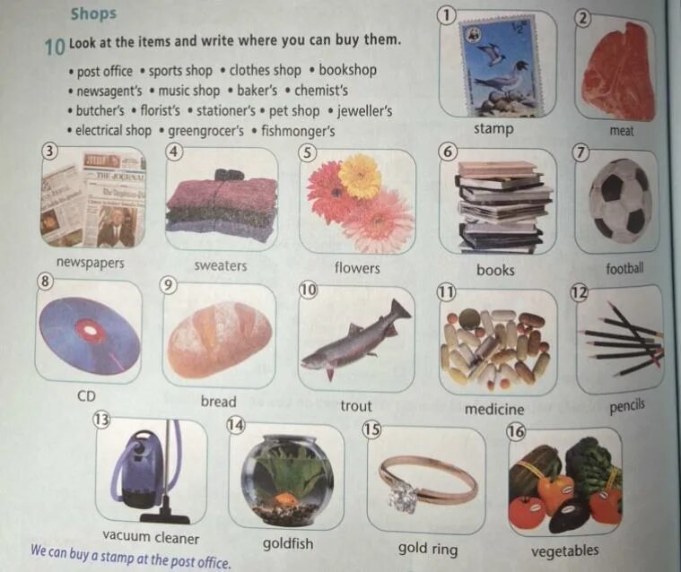 Items posting. Look at the items and write where you can buy them. Look at the pictures and write where you can buy these things Верещагина. Look at the pictures and write. Where can you buy stamps.