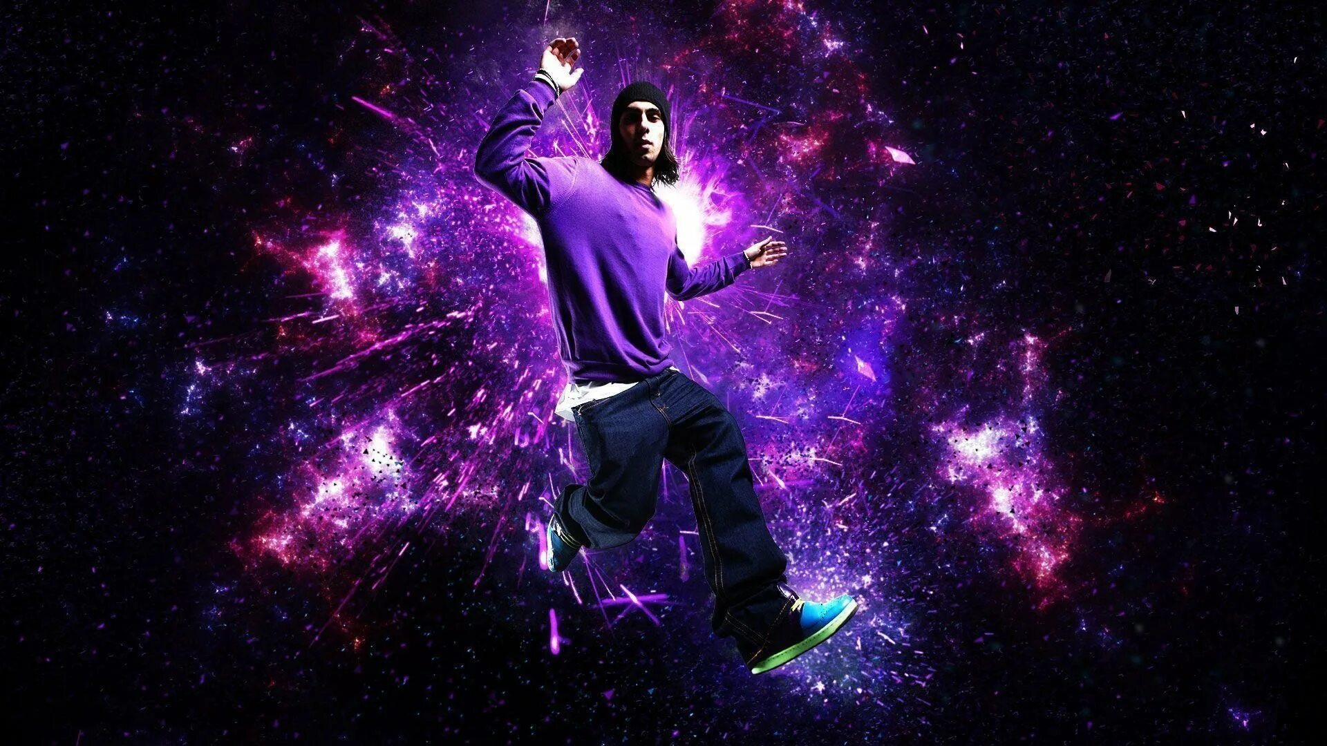 Крутой фон для фото. Космический парень. Космический танец. Человек на фиолетовом фоне. Танцы на рабочий стол.