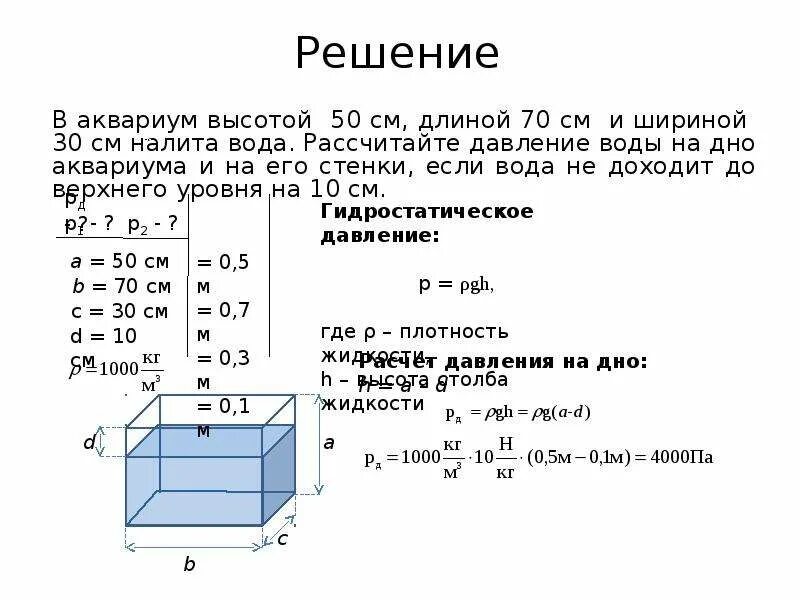 Определить давление воды высотой 30 см. Задача на расчет давления жидкости. Задачи на давление жидкости на дно и стенки сосуда. Давление воды на дно аквариума. Давление жидкости задачи с решением.