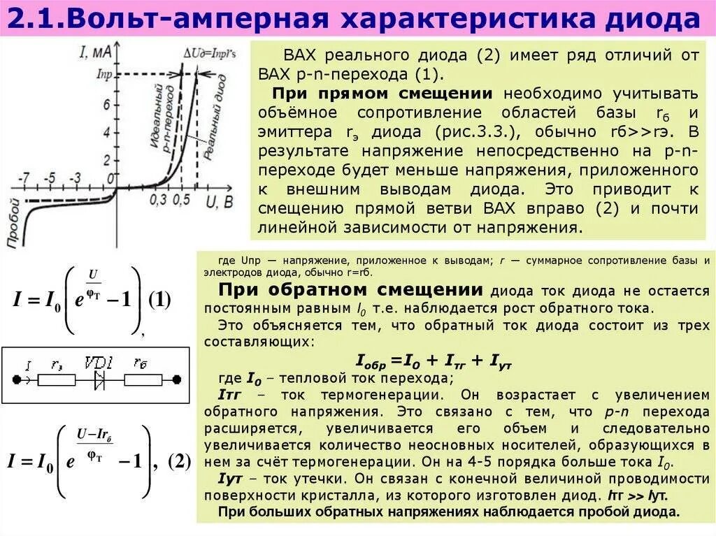 Напряжение прямого смещения для полупроводникового диода. Параметры реальной вах диода. Обратная ветвь вольтамперной характеристики диода. Ход вольтамперной характеристики полупроводникового диода. Напряжений в прямом направлении в