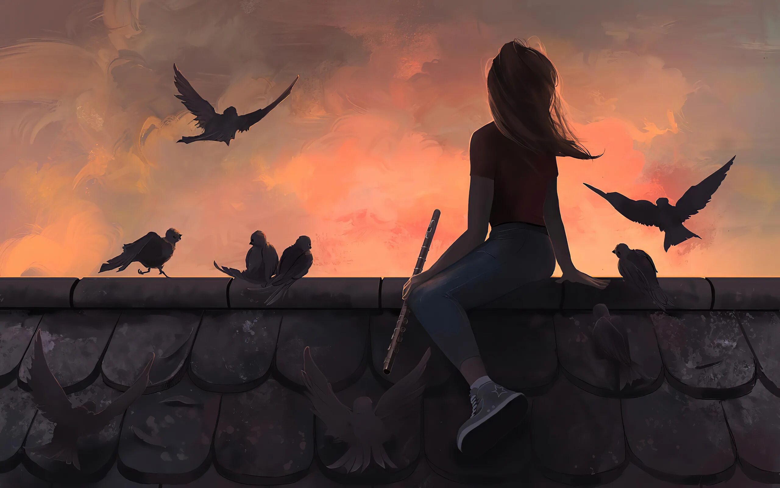 Пой родная душа. Девушка сидит на крыше. Девушка на крыше арт. Человек на крыше арт. Девушка птица.
