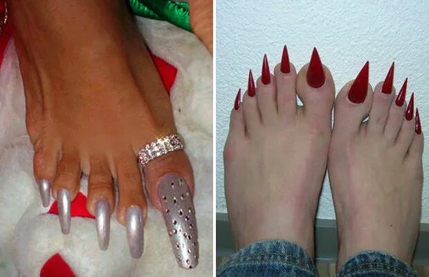 необычный педикюр. самый длинный маникюр на ногах. длинныетногти на ногах. длинные ноги. наслаивание ногтя на ноге.