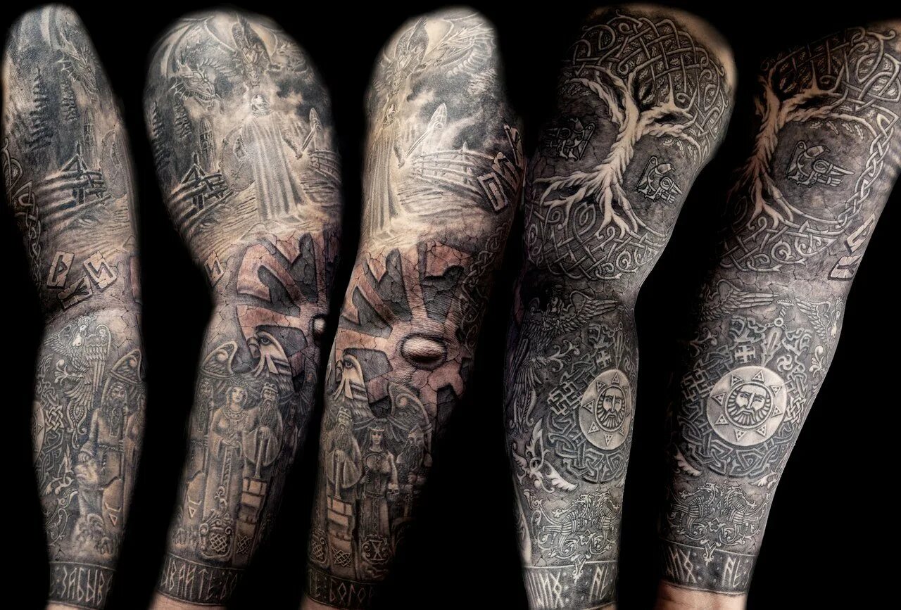 рукав в стиле викингов. старославянский рукав. славянские тату рукав. тату рукав в стиле язычества. скандинавские тату в стиле блэкворк.