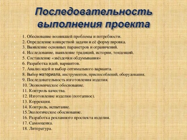 Этапы выполнения изделий. Порядок выполнения проекта. Очерёдность этапов выполнения творческого проекта. Проект по технологии. План выполнения проекта по технологии.