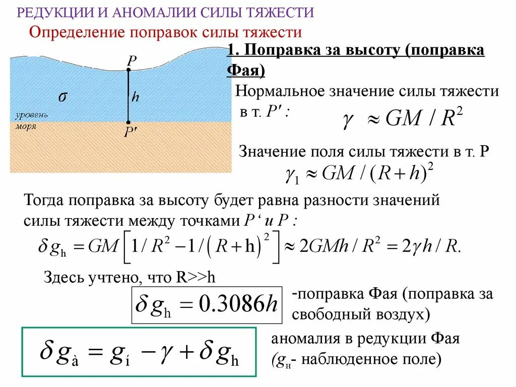 Глубина свободный. Нормальное значение силы тяжести. Редукции и аномалии силы тяжести. Редукции силы тяжести. Вычисление аномалии силы тяжести.