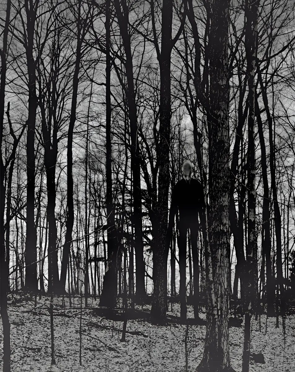 Темный человек рассказ. Темный лес Слендермен. Слэндэр Мэн. Slender man в лесу. Слендермен 1983.