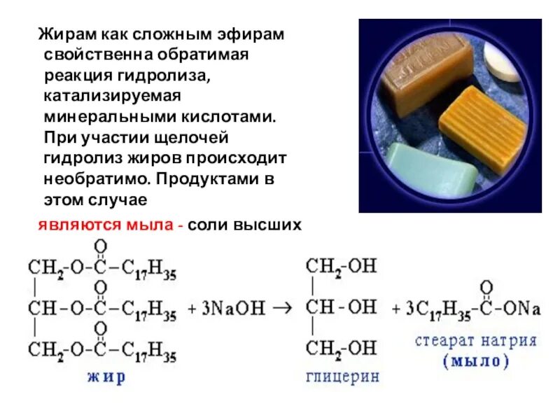 Гидролиз жиров. Гидролиз жира. Гидролиз сложных эфиров. Щелочной гидролиз сложных жиров. Получение мыла из жиров основано на реакциях