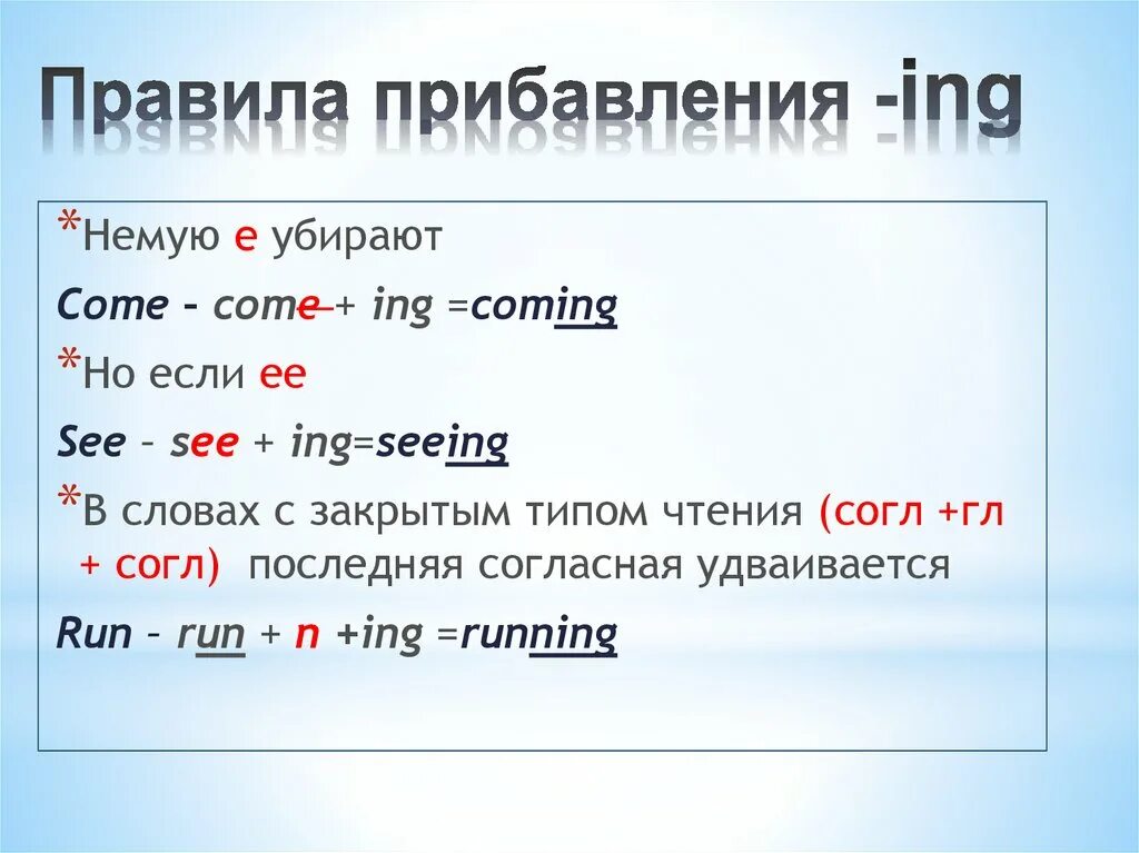 Глагол enter. Правило прибавления окончания ing. Правило прибавления окончания ing к глаголам. Окончание ing в present Continuous. Правило правописания present Continuous.