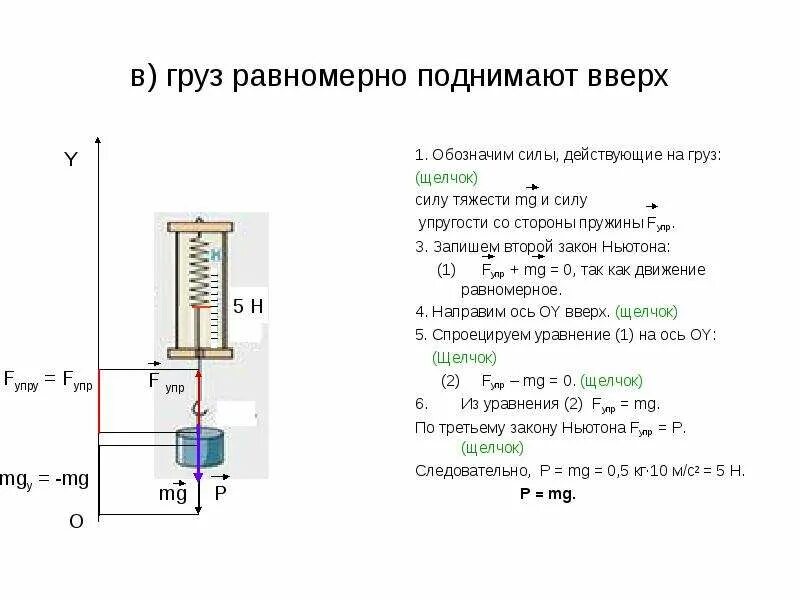 Со стороны чего действует сила. Второй закон Ньютона с силой упругости. Силы действующие на пружину с грузом. Силы действующие на груз. Сила тяжести действующая на груз.