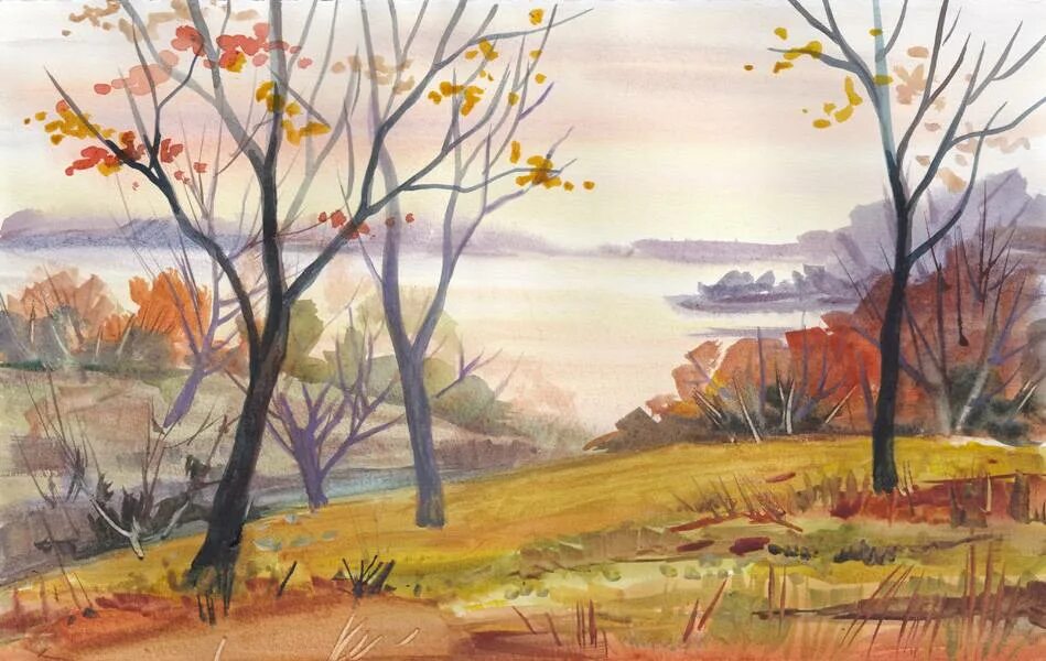 Настроение в природе 2 класс изо. Рисунок осень. Осенний пейзаж акварелью. Пейзажи для рисования. Осень гуашью.