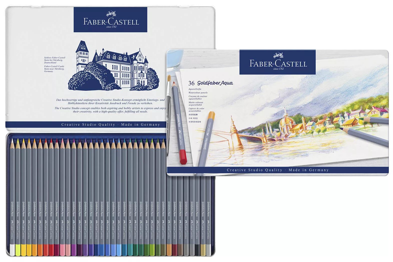 Faber castell акварельные. Карандаши Faber Castell Goldfaber. Карандаш акварельный Faber-Castell "Goldfaber Aqua". Фабер Кастелл Акварельные 36 цветов. Faber Castell карандаши в металлической коробке Goldfaber.