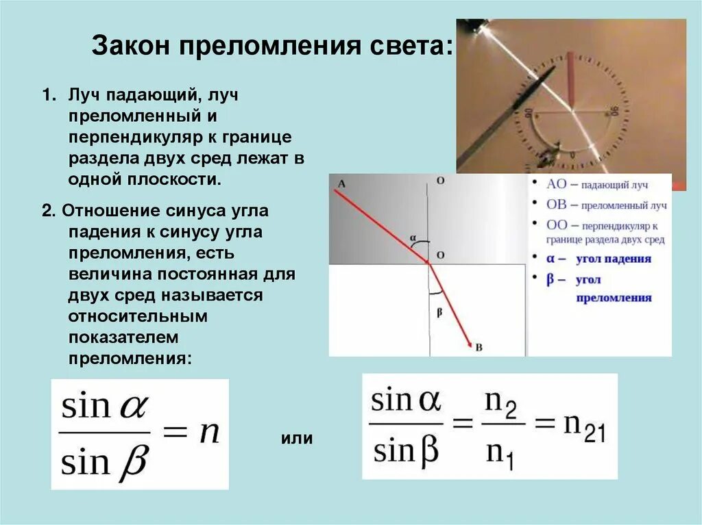 Формула второго закона преломления света. Закон преломления света 8 класс физика. Преломление света формула 8 класс. Закон отражения и преломления формулы. Известно что показатель преломления воздуха