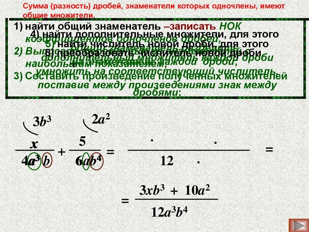 Произведение разности дроби. Одночлены дроби. Наименьшее общее кратное дробей. Найдите общий знаменатель дробей. Сумма и разность дробей.