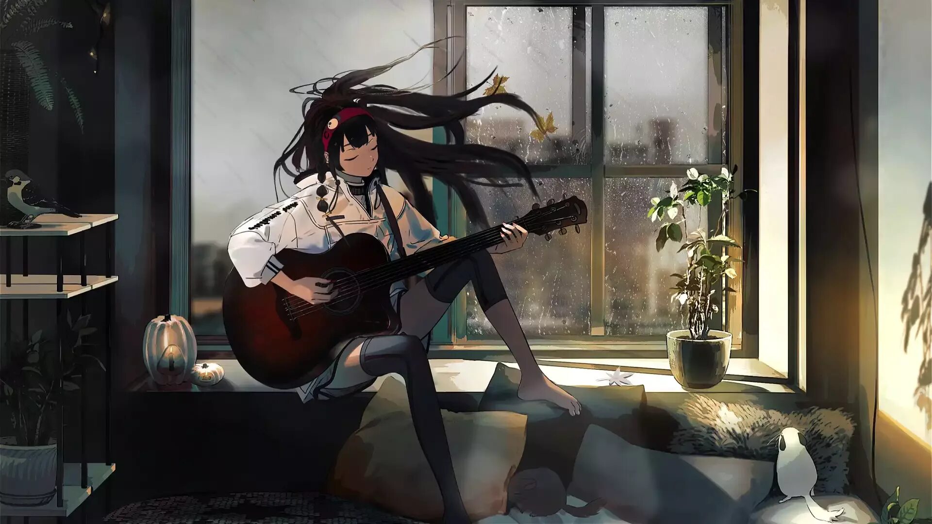 За окном девочка кто поет. Аниме девушка с гитарой обои. Депрессия аниме с гитарой. Аниме стол. Живые обои аниме.