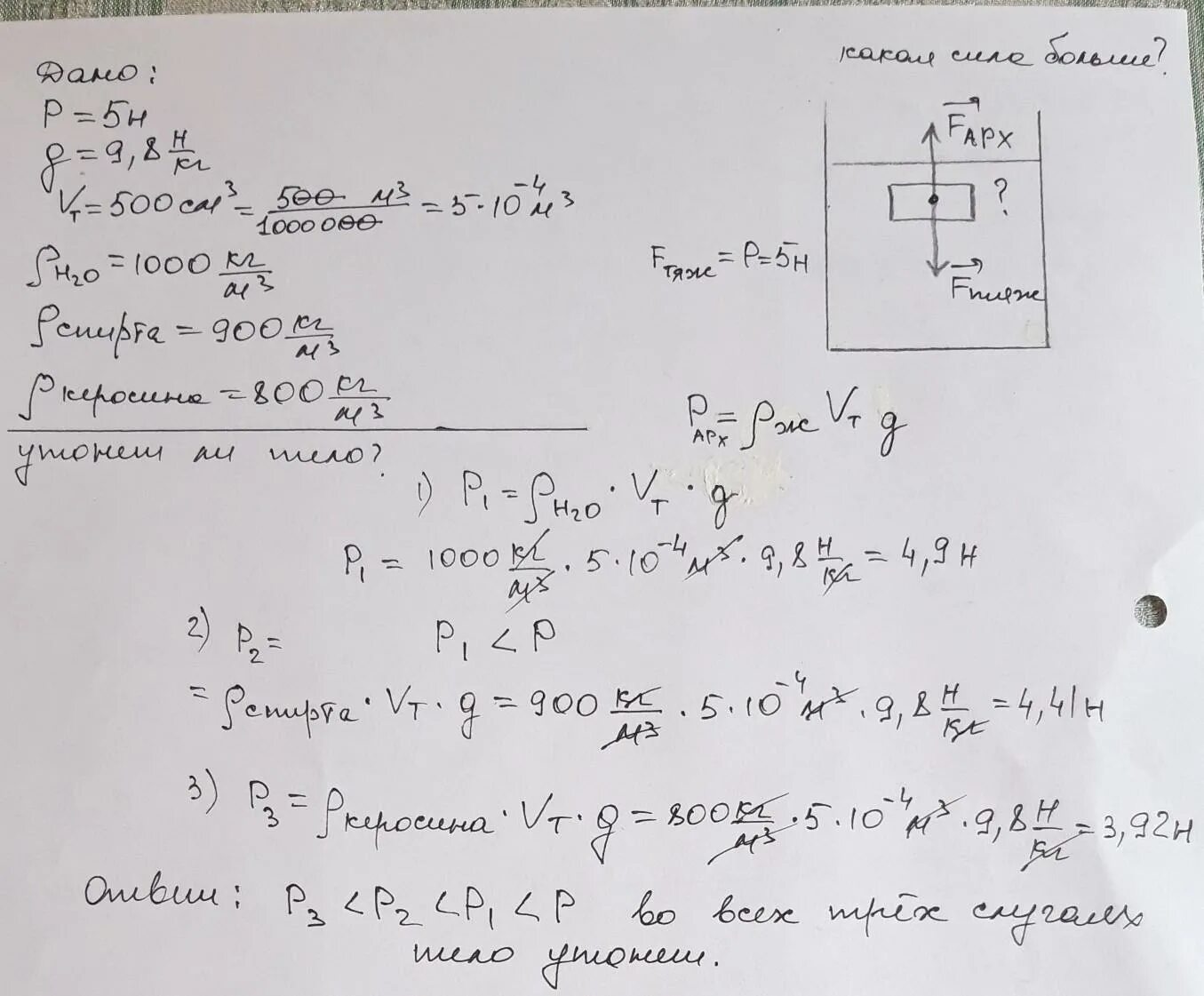Утонет ли шар объемом 500. Вес тела 5,5 н а его объём 10000 см3 утонет ли это тело в воде. Тело объемом 1000 см3 погружено в керосин. Вес тела 4.5 н а его объем 500 см3. Вес тела в воздухе 6 н его объем 400 м 3.