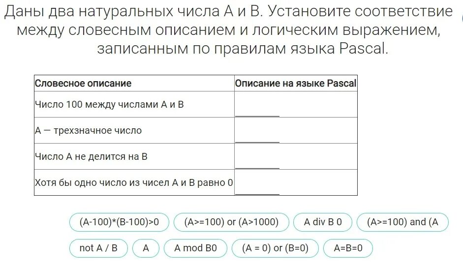 Установите соответствие между фразами. Установите соответствие Паскаль. Даны два натуральных числа а и в.. Установите соответствие между логическими выражениями. Установите соответствие между понятиями языка Pascal и их описанием.