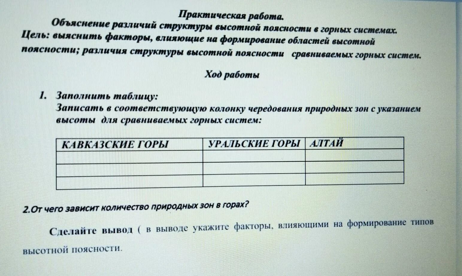 Практическая работа объяснение различий. Описание горной системы практическая работа 5 класс. Практическая работа описание горной системы