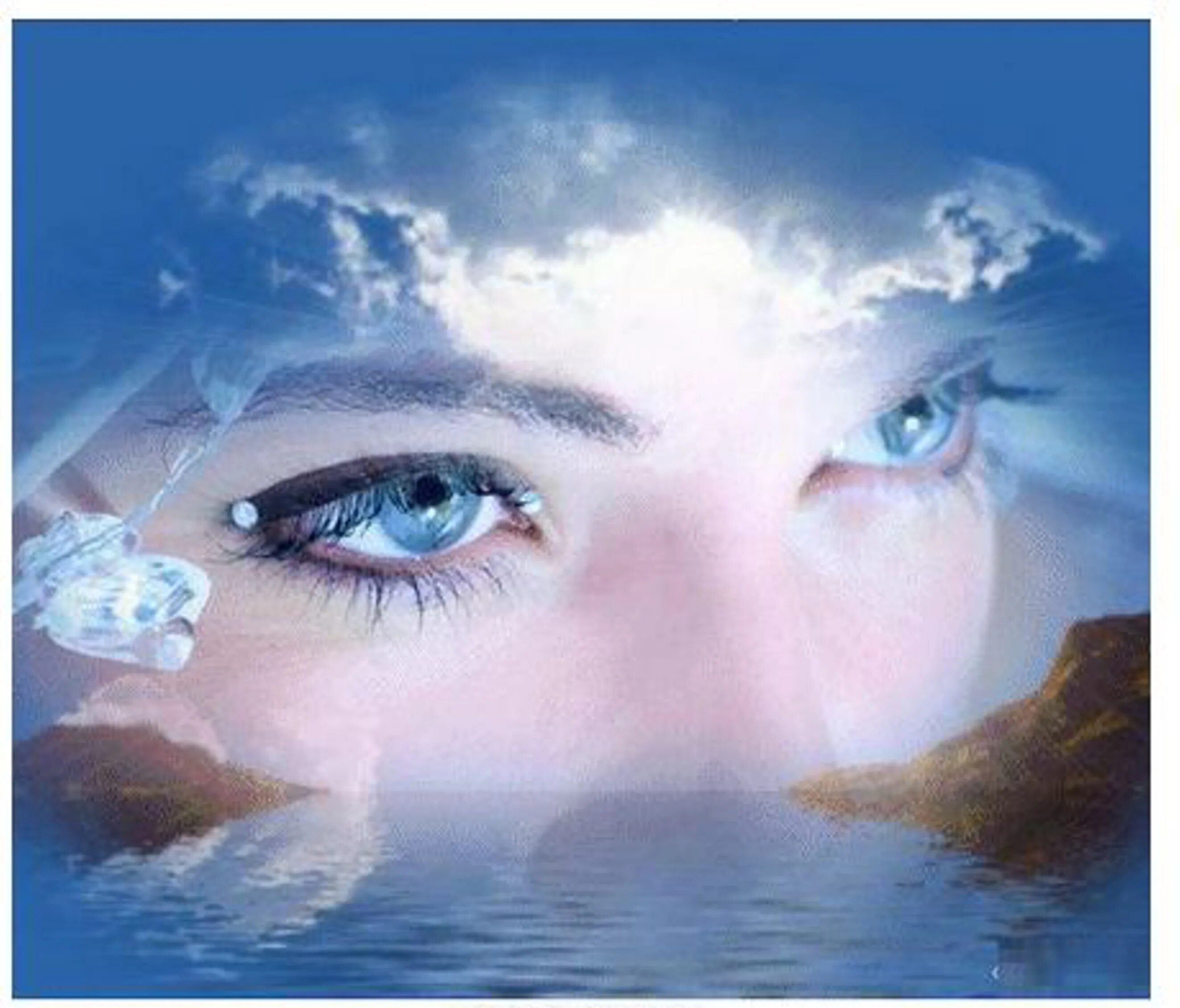 Мир будет плакать. Синие глаза. Глаза женщины. Женские глаза океан. Женские глаза на фоне природы.