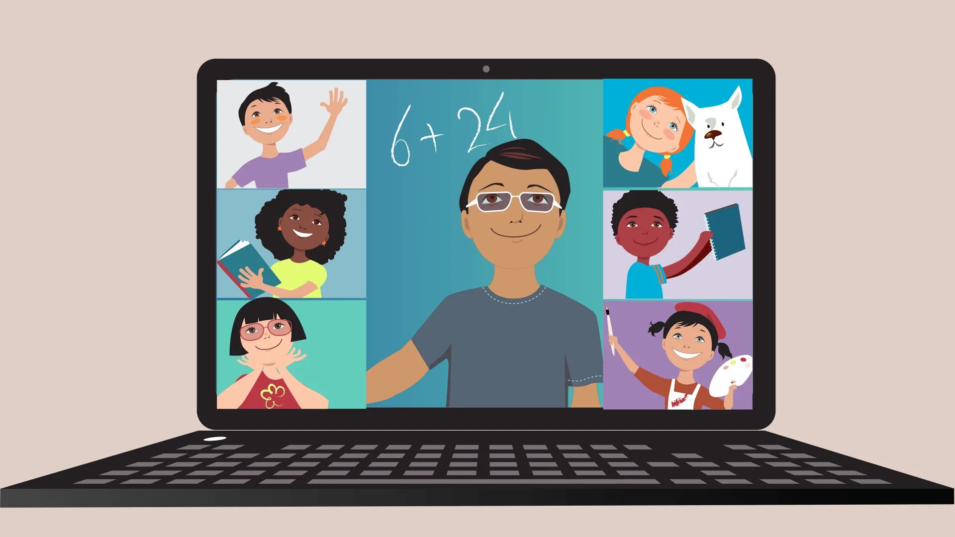 Дистанционное обучение сентября 2020. Дети и компьютер картинки для детей. Distance Learning. Ноутбук векторные картинки для презентации.