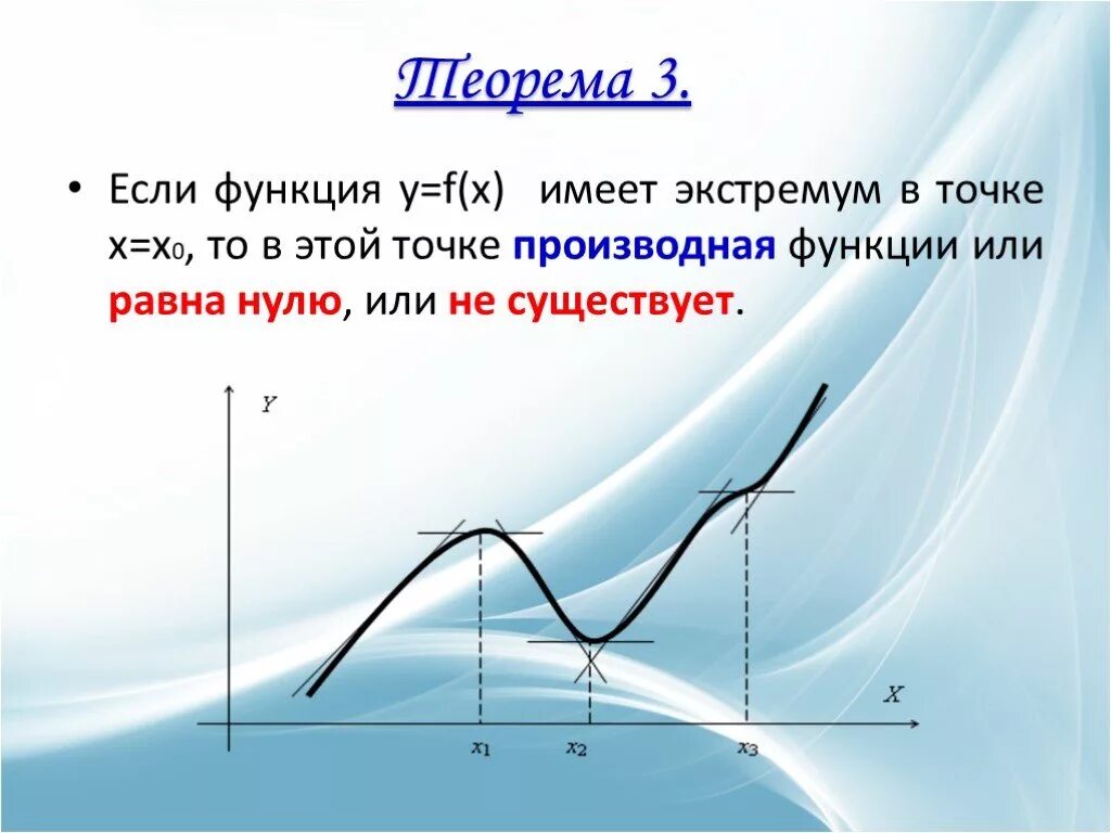 Если производная функции в точке равна нулю. Если производная функции в точке равна нулю, то .... Производная в точке экстремума равна 0 или не существует. Производная функции равна 0 в точках.