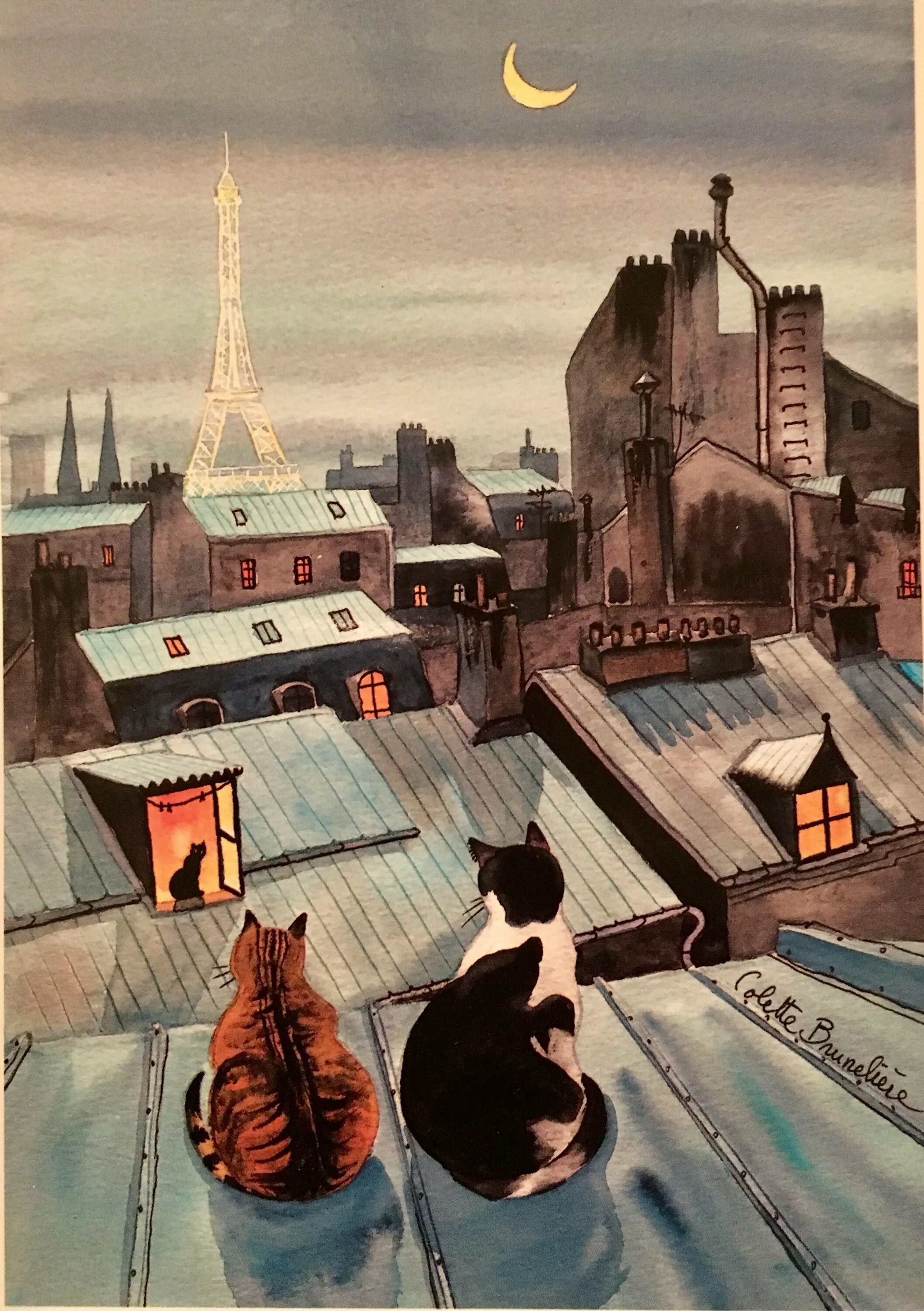 Спустившись с кровли кот сказал. Colette Bruneliere художник. Коты. Кошки на крыше. Кошечка на крыше.