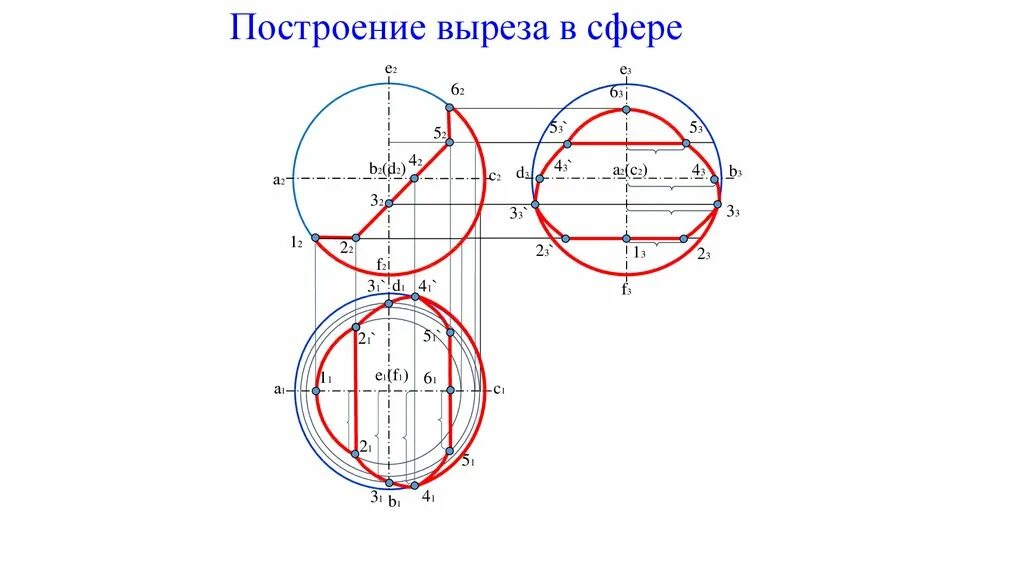 Построение выреза. Построение сферы. Плоское сечение сферы с вырезом. Сфера с квадратным вырезом. Сфера с вырезом на горизонтали.