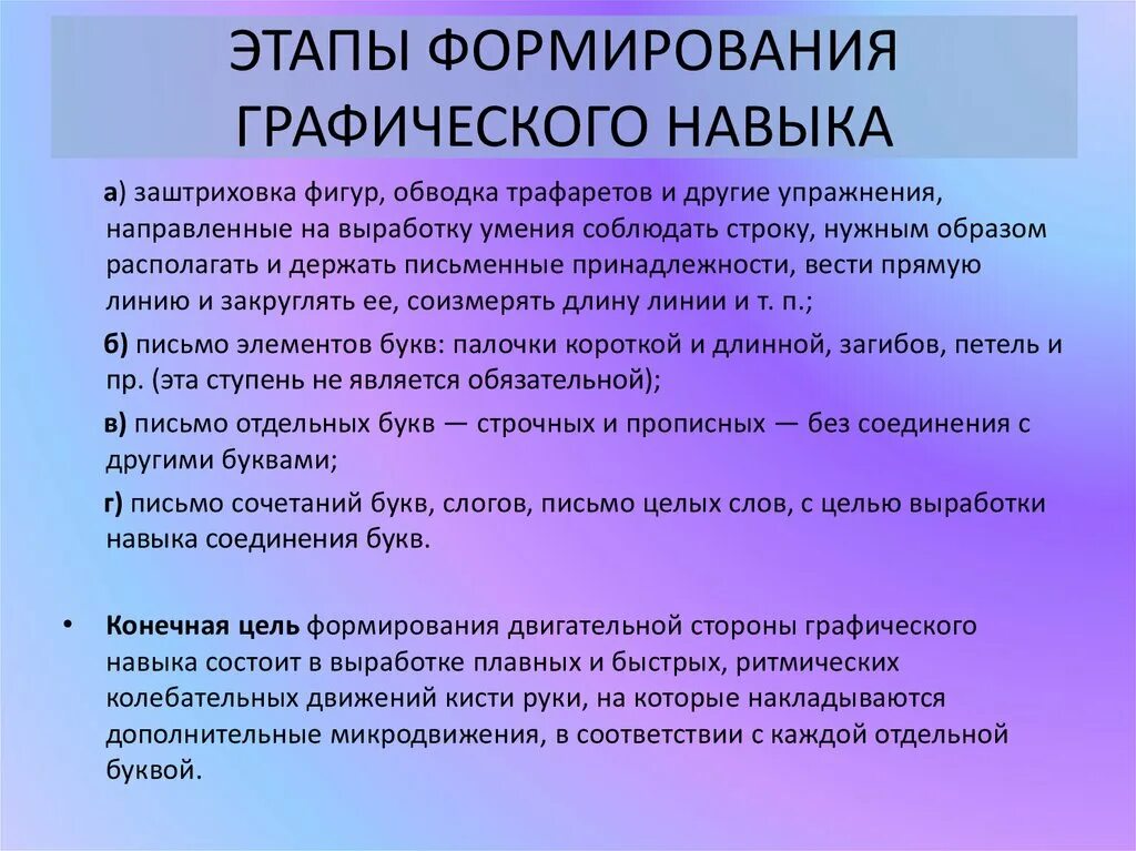 Выработаны навыки работы. Этапы формирования графического навыка. Формирование графических навыков. Этапы формирования навыка письма. Этапов формирования графических навыков у детей.