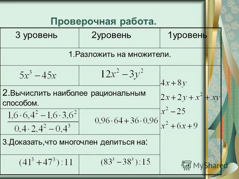 Задачи на разложение на множители. Разложение на множители 7 класс задания. Самостоятельная разложение на множители 7 класс. Разложение многочлена на множители 7 класс самостоятельная работа.