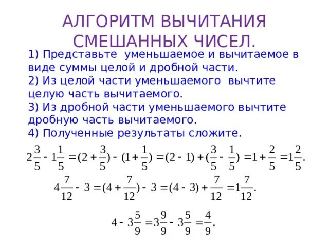 Вычитание дробей из целого числа вычесть дробь. Вычитание смешанных дробей из целого числа. Вычитание дробей из целого числа 5. Алгоритм сложения и вычитания смешанных чисел.