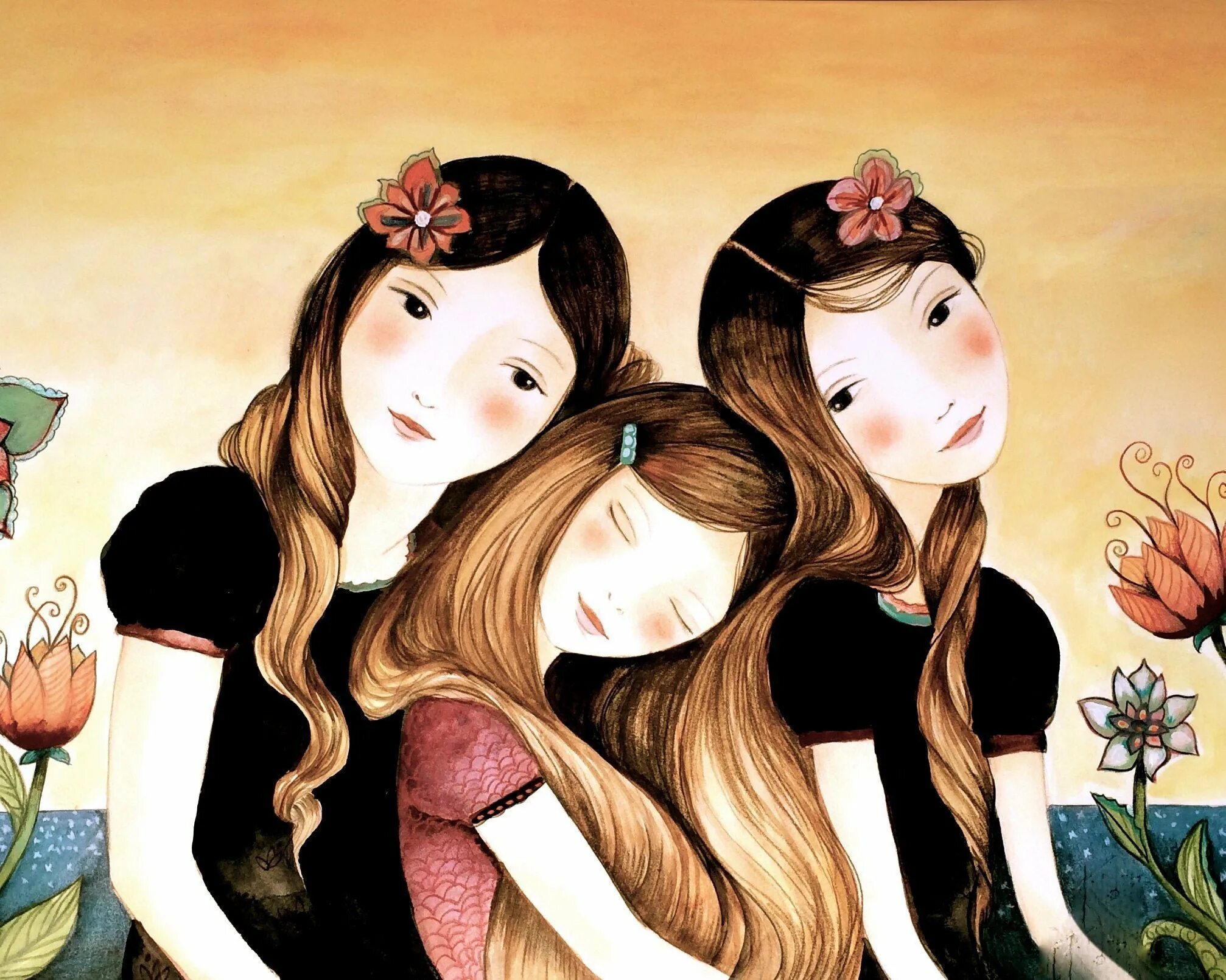 Подруги сестры читать. Хизер три сестры. Подруги иллюстрация. Подружки рисунок. Четыре подруги.