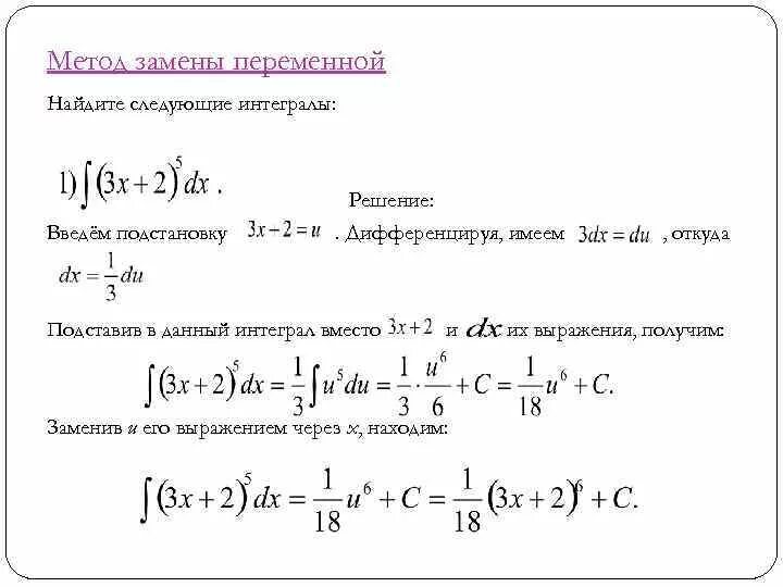 Решение неопределенных интегралов заменой. Формула метода замены переменной. решение неопределенных интегралов методом подстановки. решение интегралов методом подстановки. решение интегралов методом замены.