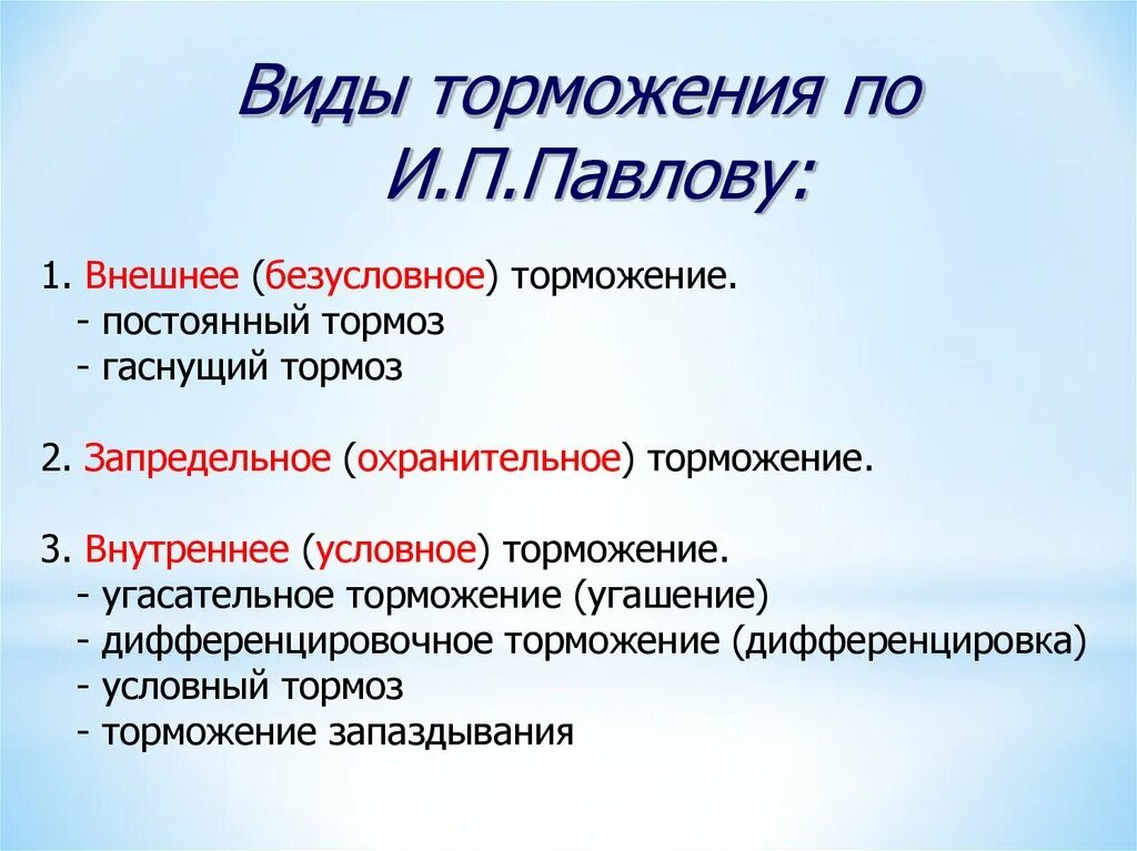 Виды торможения. Виды условного торможения. Охарактеризуйте виды внутреннего торможения. Виды безусловного торможения. Пример торможения у человека