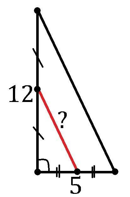 Катеты равны 12 и 5. Средняя линия прямоугольного треугольника. Средняя линия прямоугольного треугольника формула. Средняя линия прямоугольного треугольника равна. Средние линии прямоугольного треугольника.
