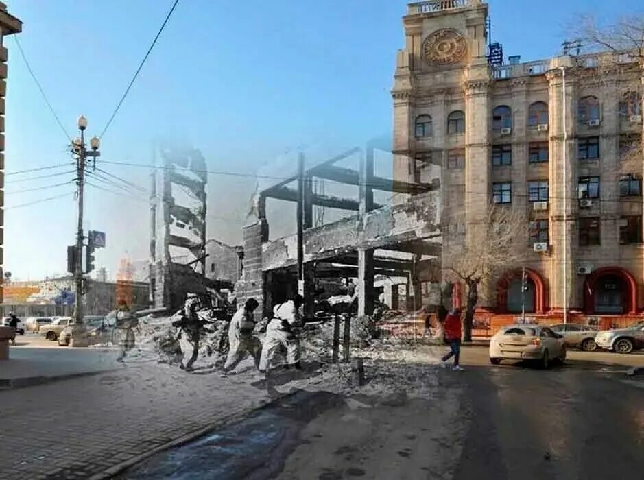 Время вол. Волгоград до и после войны. Сталинград 1942 и сейчас.