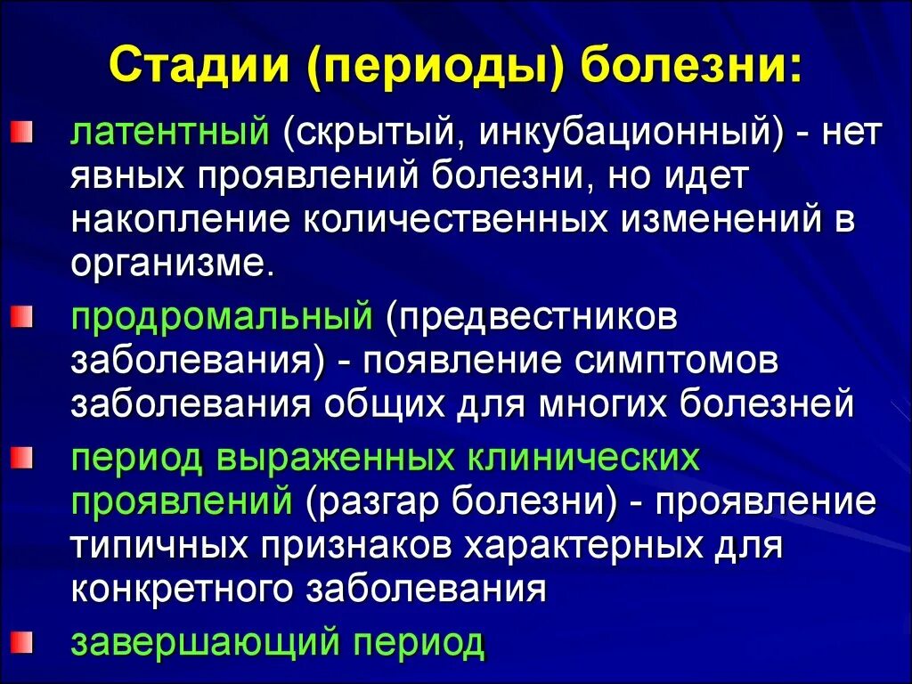 Описание развития болезни. Периоды развития болезни. Стадии развития болезни. Этапы развития заболевания. Основные этапы болезни.