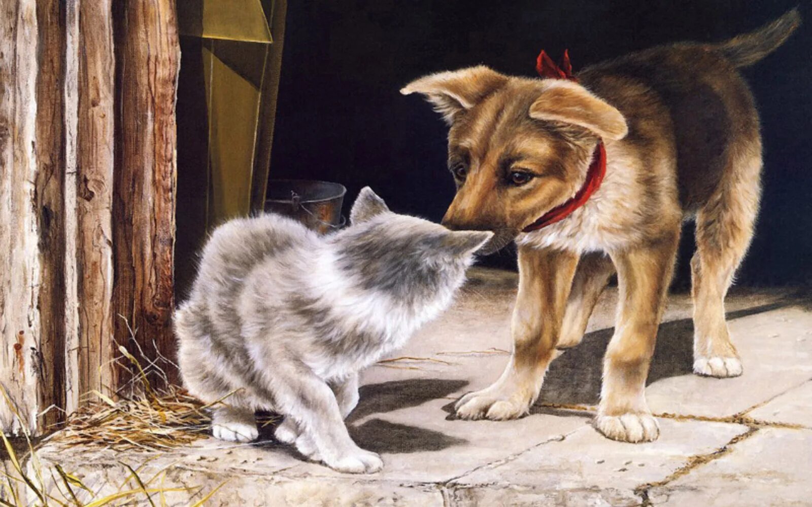 Собака из рассказа почему. Кошки и собаки в живописи. Собака и кошка иллюстрация. Картины с изображением кошек и собак. Кот и собака живопись.