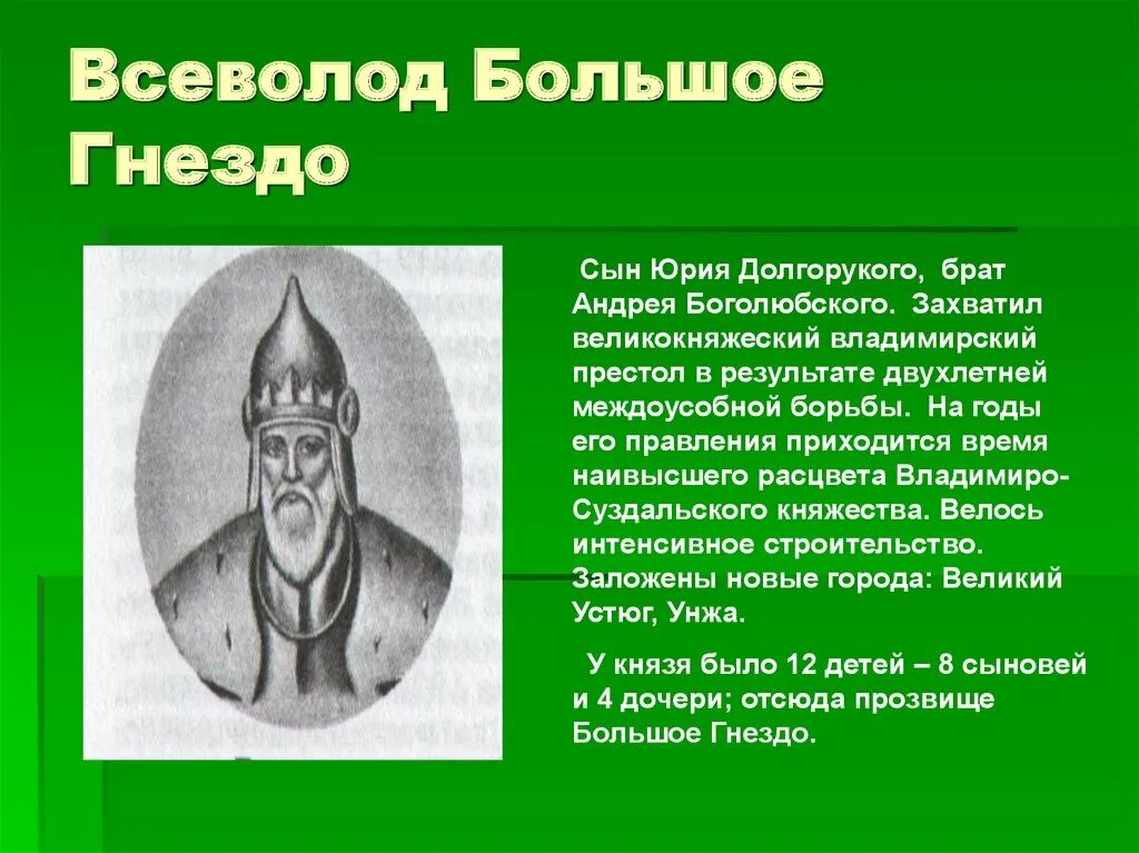 Сын всеволода большое. Деятельность князей Долгорукого Боголюбского большое гнездо.