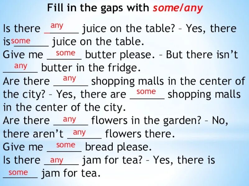 There some juice in the fridge. Fill in the gaps with some/ any ответы. Juice any или some. Some any Butter. Is there Juice on the Table.