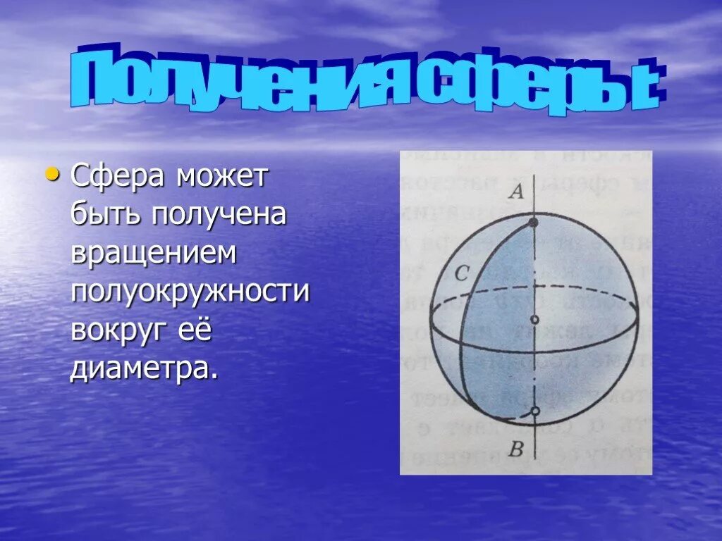 Шар получается вращением. Сфера может быть получена вращением полуокружности. Сфера может быть получена вращением полуокружности вокруг диаметра. Сфера может быть получена вращением полуокружности вокруг её …. Вращении полукруга вокруг диаметра.