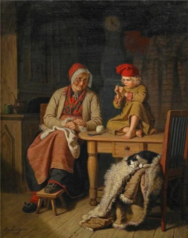 Бабушка и внуки. Воспоминания о деревне. Анекдоты про зиму. Бабушка с котом живопись. Панно в предбанник.