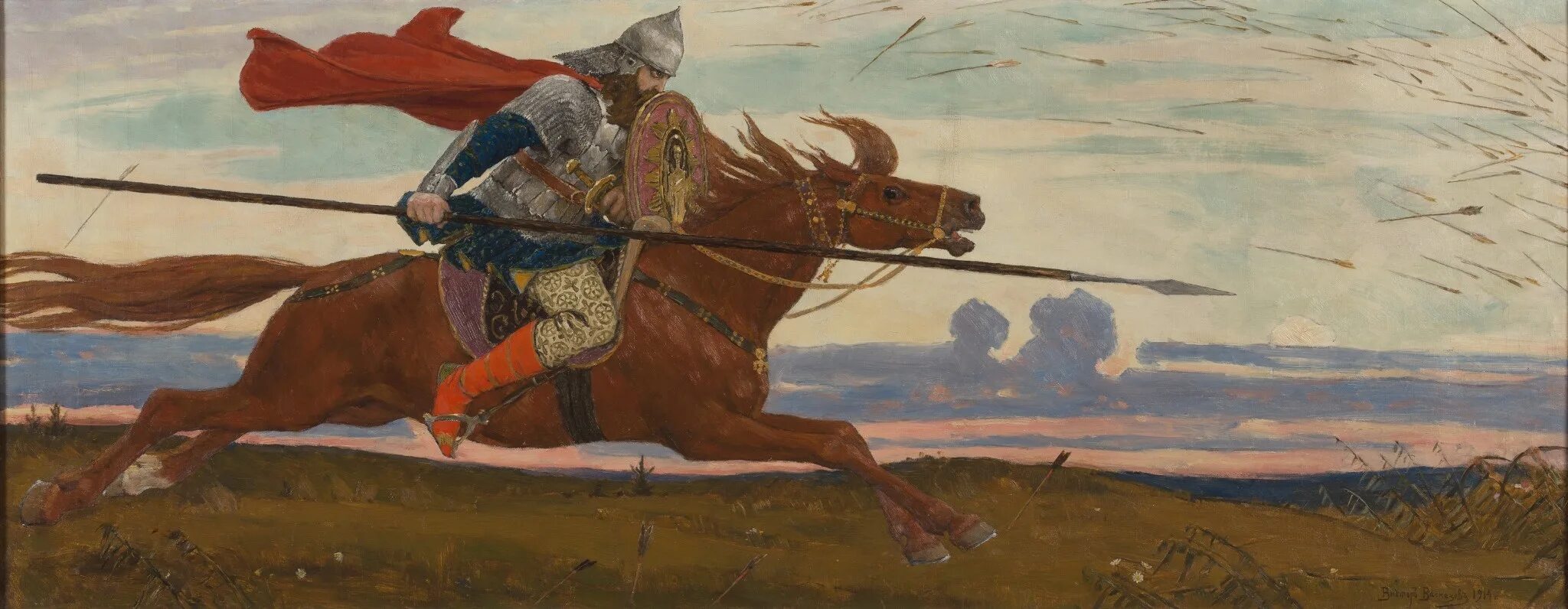 Чудесный витязь коня из реки. В. М. Васнецов. Один в поле воин. 1914.. Один в поле воин картина Васнецова.