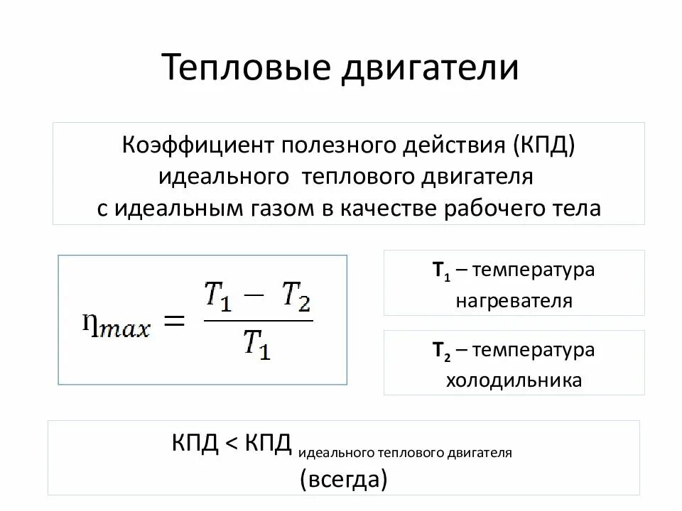 Идеальный тепловая 80 дж. Тепловые двигатели физика формулы. КПД теплового двигателя. Формулы тепловых двигателей физика. Формулы теплового двигателя в физике.