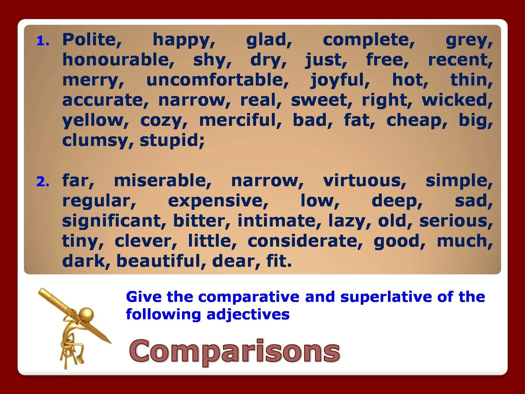 Dry Comparative adjectives. Shy Comparative and Superlative. Give the Comparative and Superlative. Shy Comparative and Superlative forms. Thin adjective