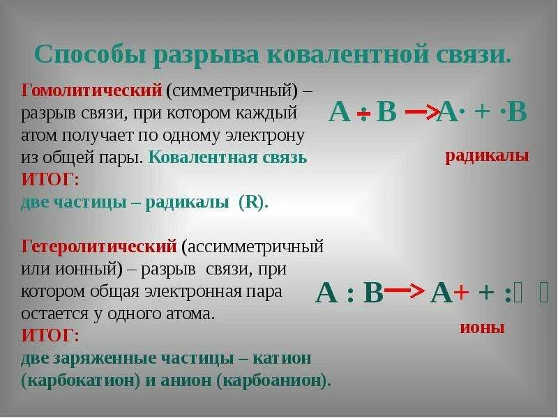 Гомолитический и гетеролитический разрыв. Типы разрыва ковалентной связи. Механизмы разрыва ковалентной связи. Способы разрыва ковалентной связи.