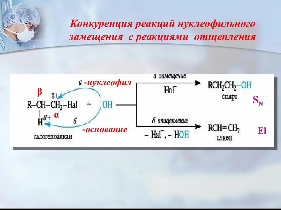 Сравнение реакции. Реакция элиминирования галогенопроизводных. Реакции нуклеофильного замещения и элиминирования. Конкурентность реакций нуклеофильного замещения и элиминирования. Реакция элиминирования галогенопроизводных механизм.