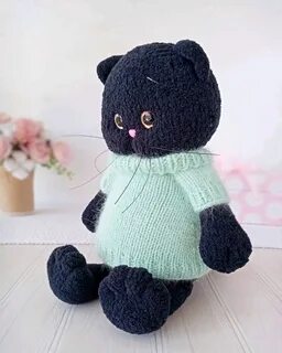 Плюшевый котик, черный кот, талисман, котенок, игрушки спицами в интернет-м...