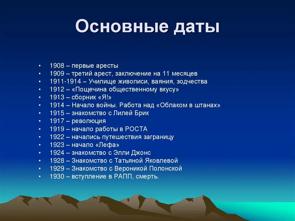 Важные события месяца. Хронологическая таблица Маяковского. Биография Маяковского таблица. Маяковский основные даты. Основные даты жизни и творчества Маяковского.