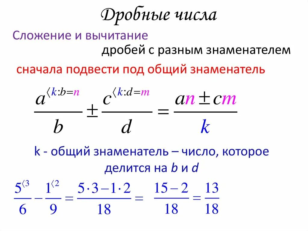 Дробные числа. Подведение под общий знаменатель. Сумма дробей с разными знаменателями. Сложение и вычитание дробей с разными знаменателями. Сложение и вычитание с разными знаменателями калькулятор