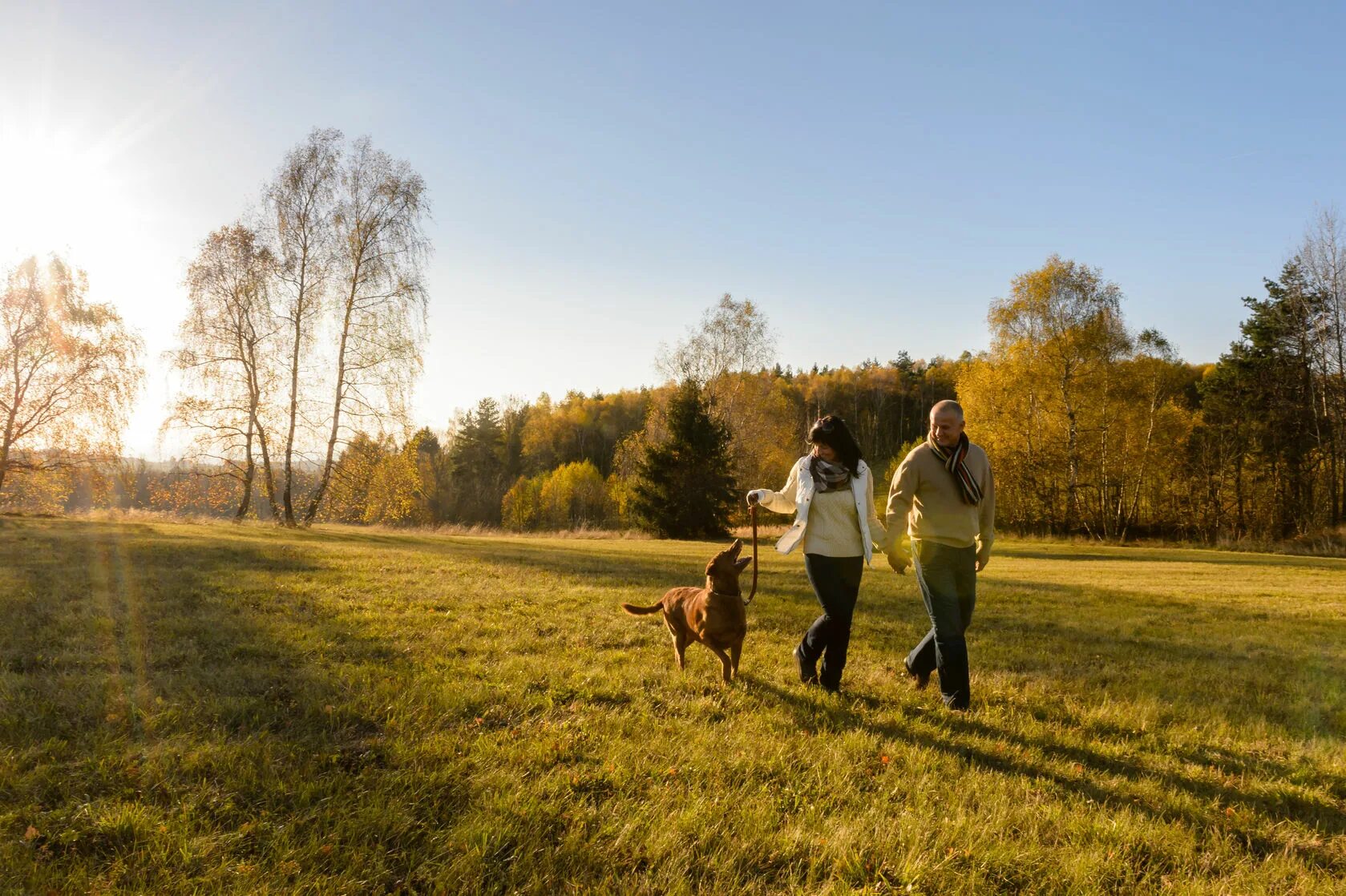 Countryside walks. Гулять с собакой. Пара гуляет с собакой. Мужчина гуляет с собакой. Счастливая пара гуляет с собачкой.